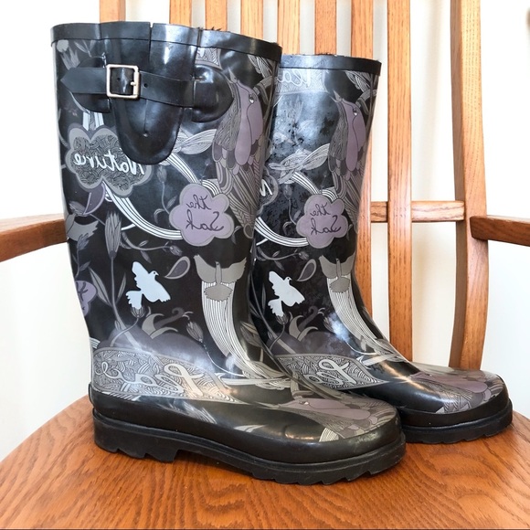 The Sac Waterproof Rain Boots, Black/Grey, Bird & Flower Theme, Size 9 - Picture 12 of 12
